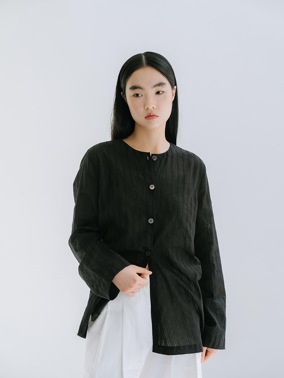 REPLAIN Cotton Round-Neck Shirt _ Black