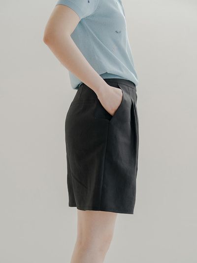 REPLAIN Linen Blend Embroidery Shorts _ Black