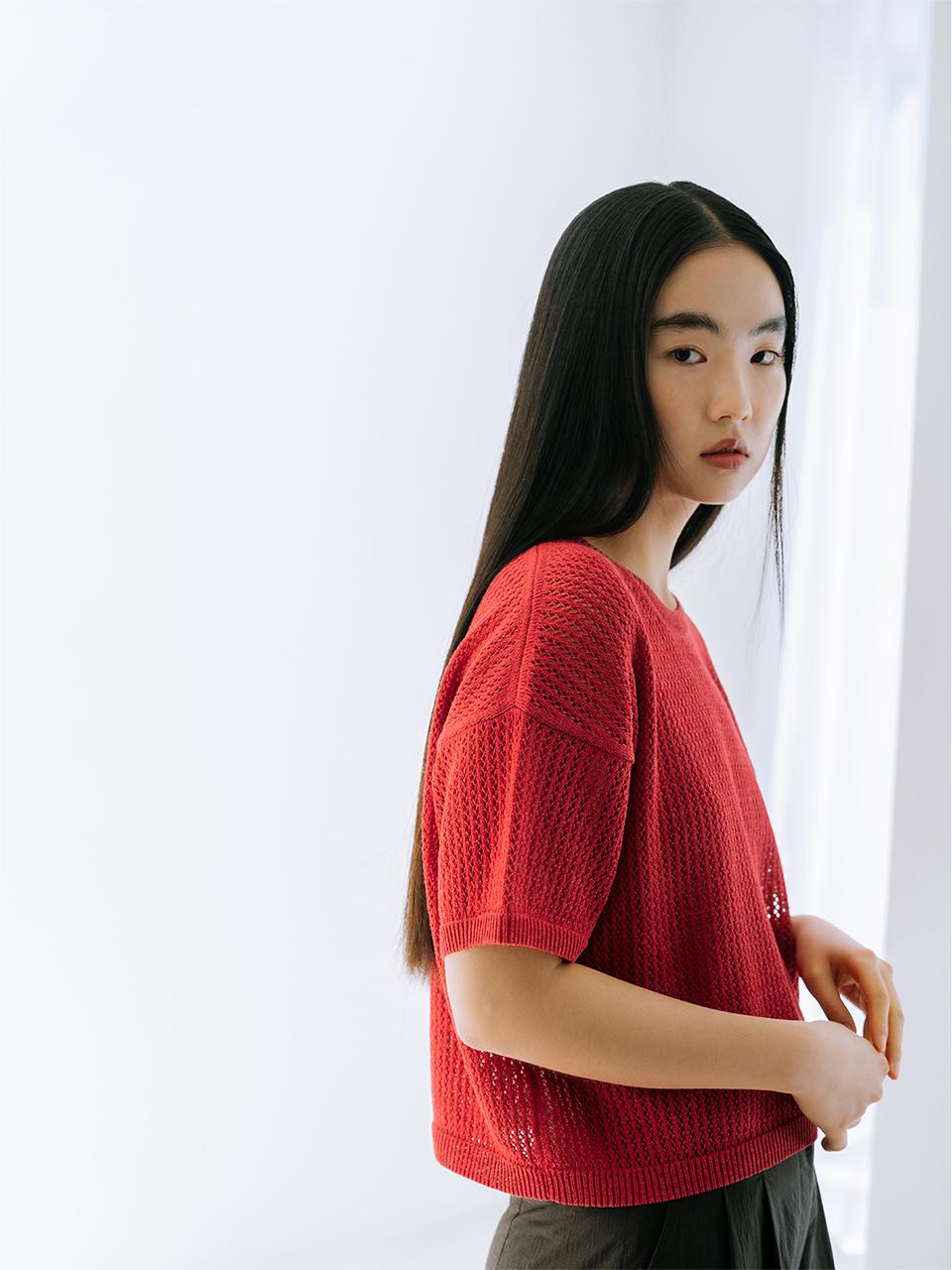 REPLAIN LINEN BLENDED CHUNKY KNIT TOP_RED