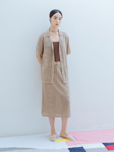 REPLAIN Linen Blended Crochet Mid Skirt - Beige