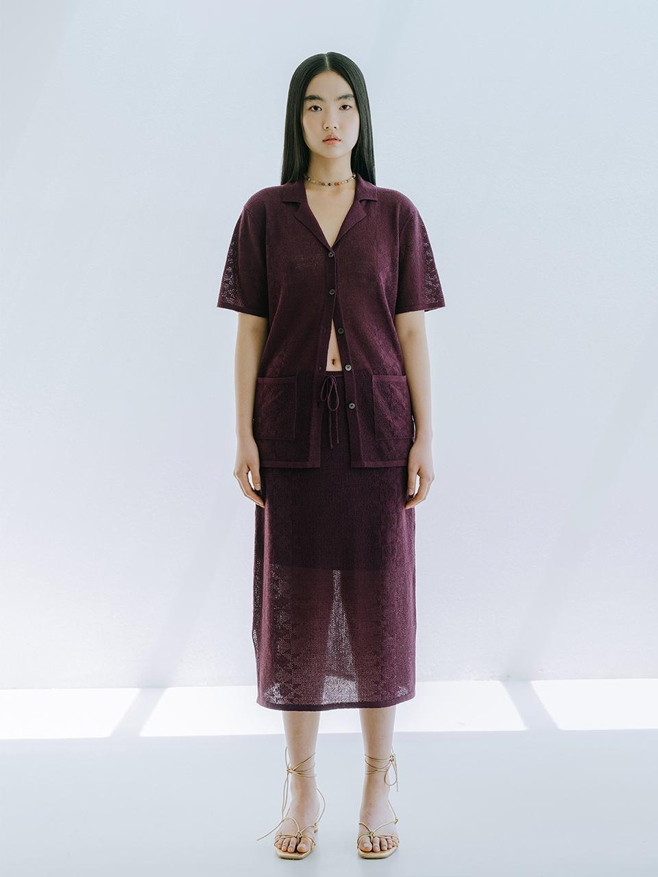 REPLAIN Linen Blended Crochet Mid Skirt - Burgundy