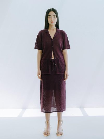 REPLAIN Linen Blended Crochet Mid Skirt - Burgundy