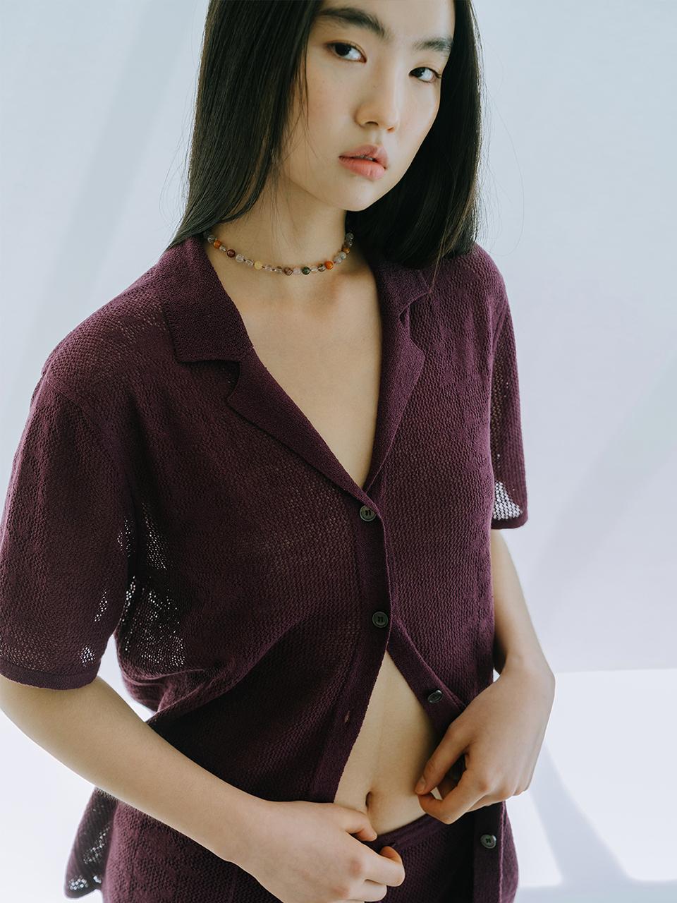 REPLAIN Linen Blended Crochet Shirt - Burgundy