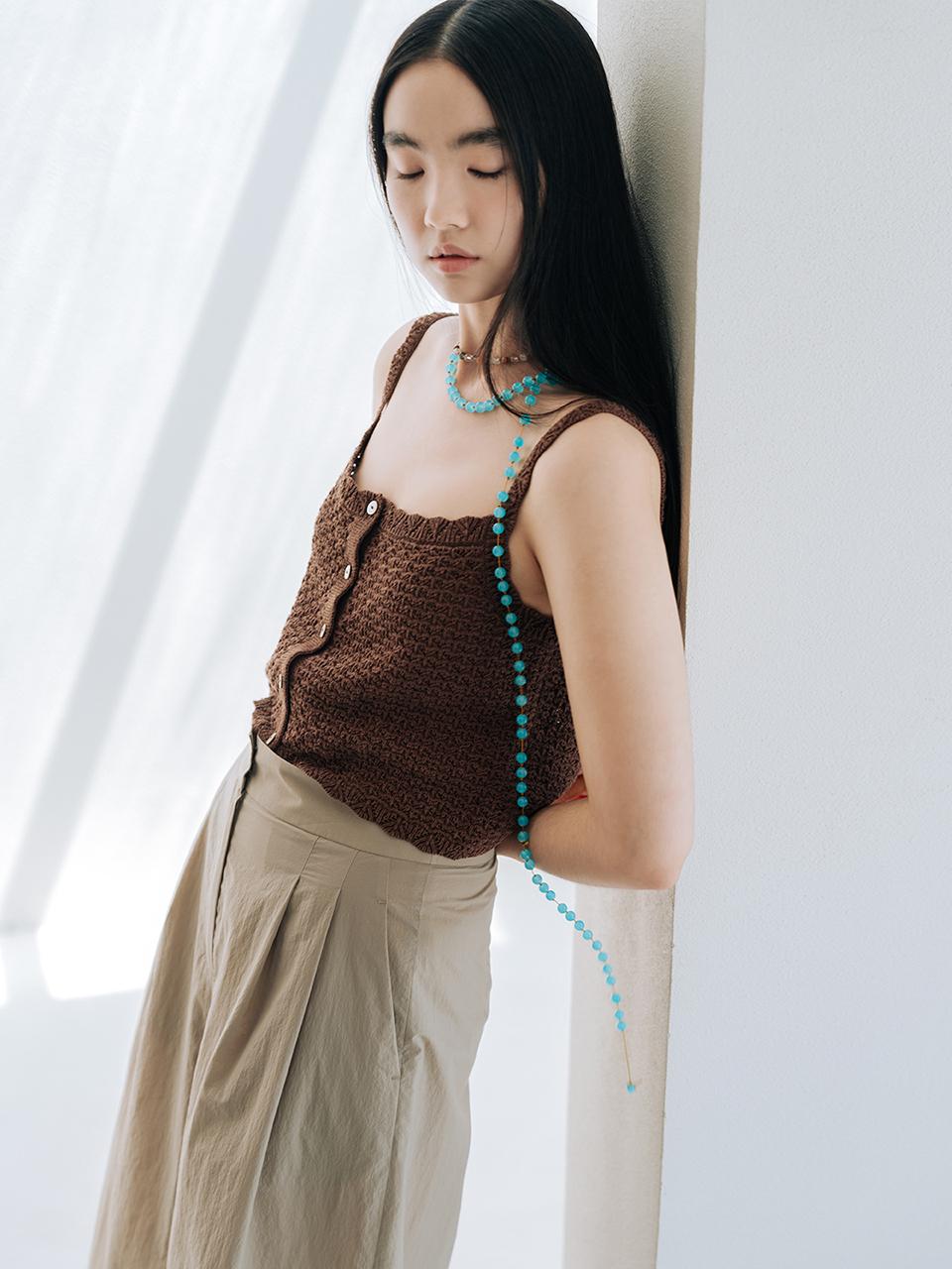 REPLAIN Linen Blended Crochet Vest - Brown