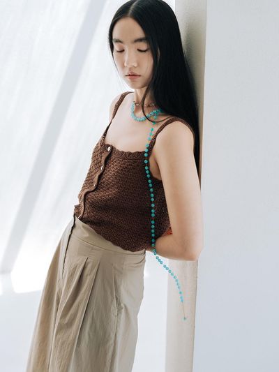 REPLAIN Linen Blended Crochet Vest - Brown
