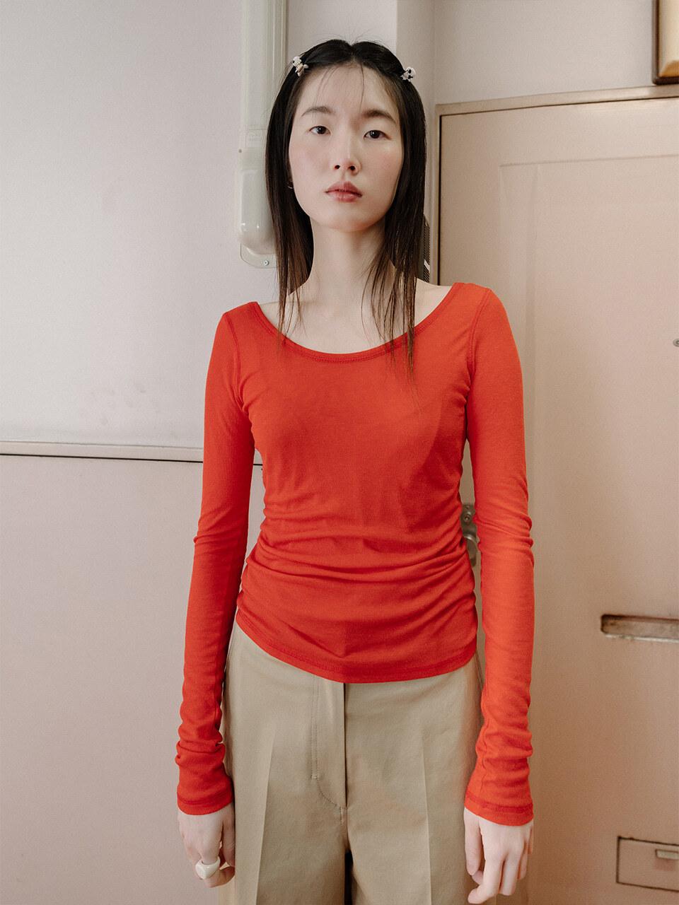 REPLAIN LONG SLEEVE SHEER JERSEY TOP_RED