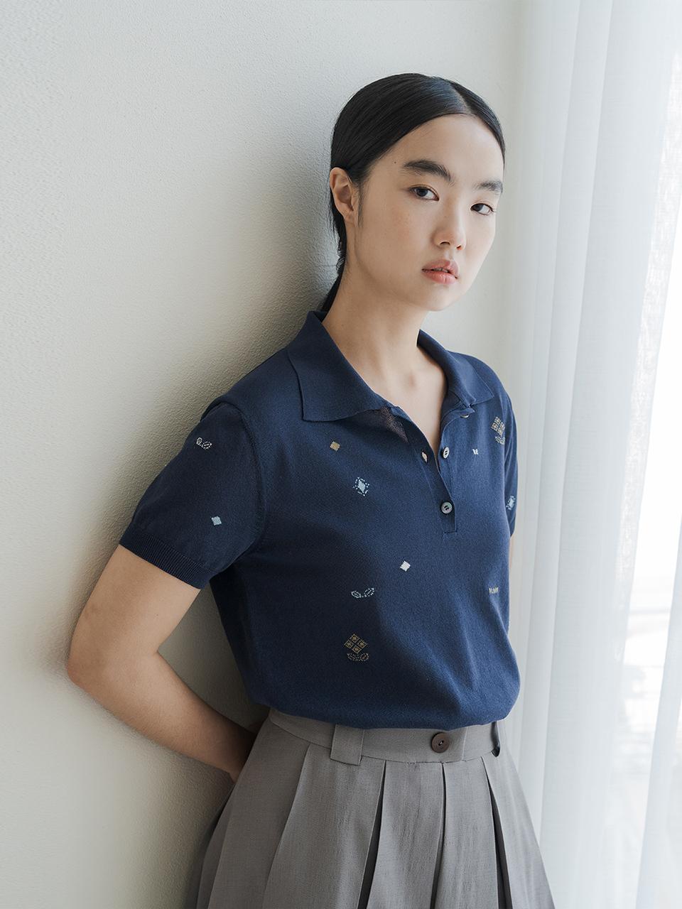REPLAIN Patterned Collar Knit Top - Dark Navy