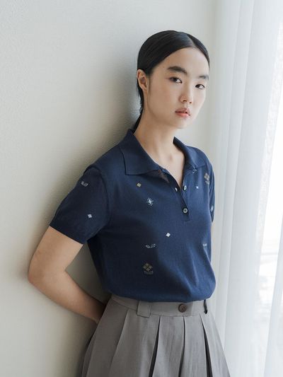 REPLAIN Patterned Collar Knit Top - Dark Navy