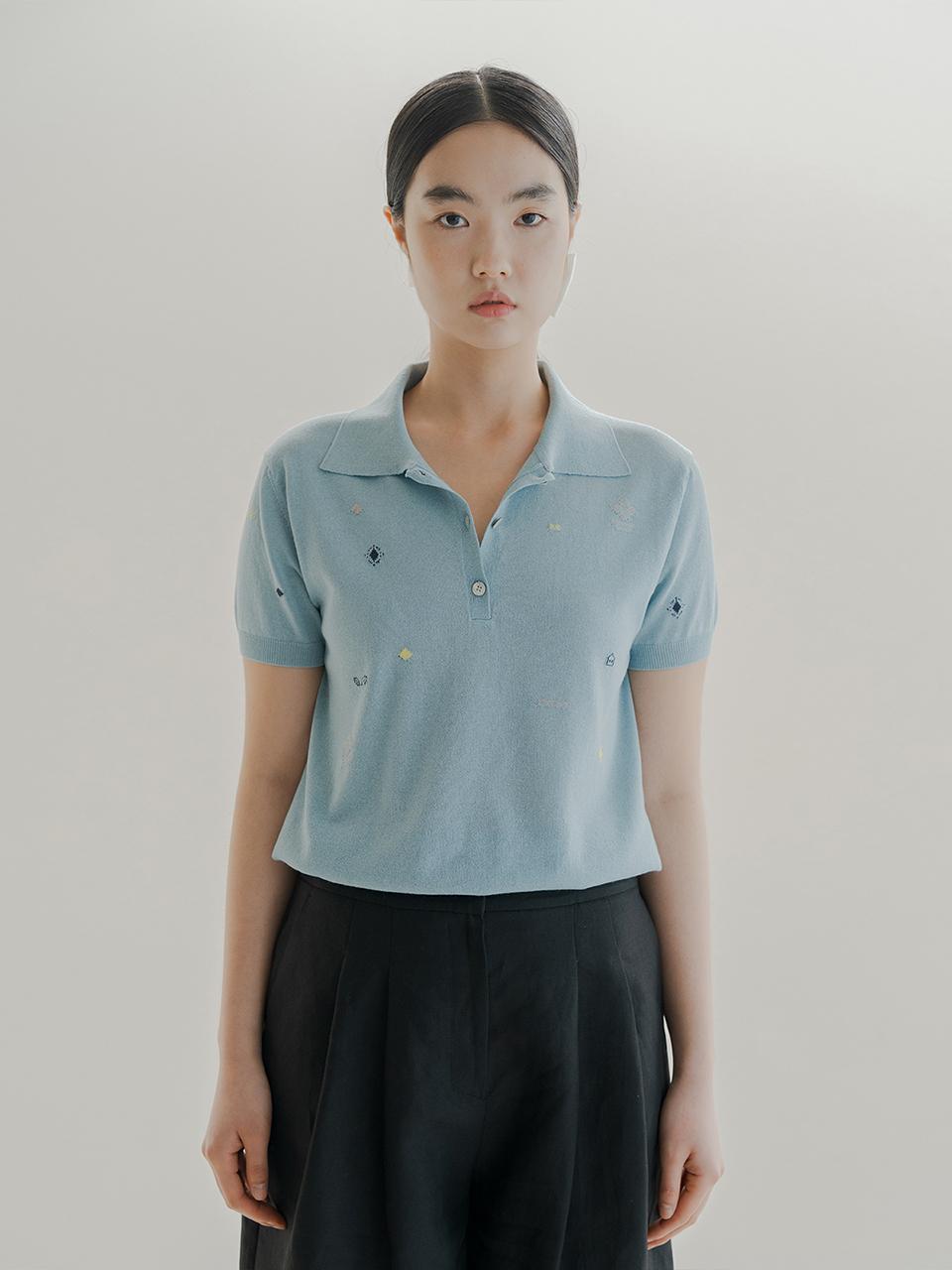 REPLAIN Patterned Collar Knit Top - Light Blue