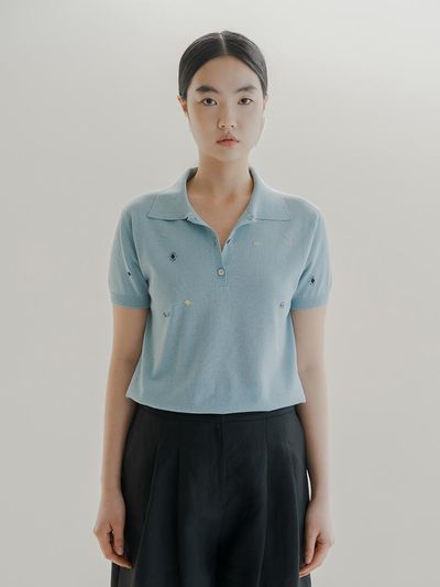 REPLAIN Patterned Collar Knit Top - Light Blue