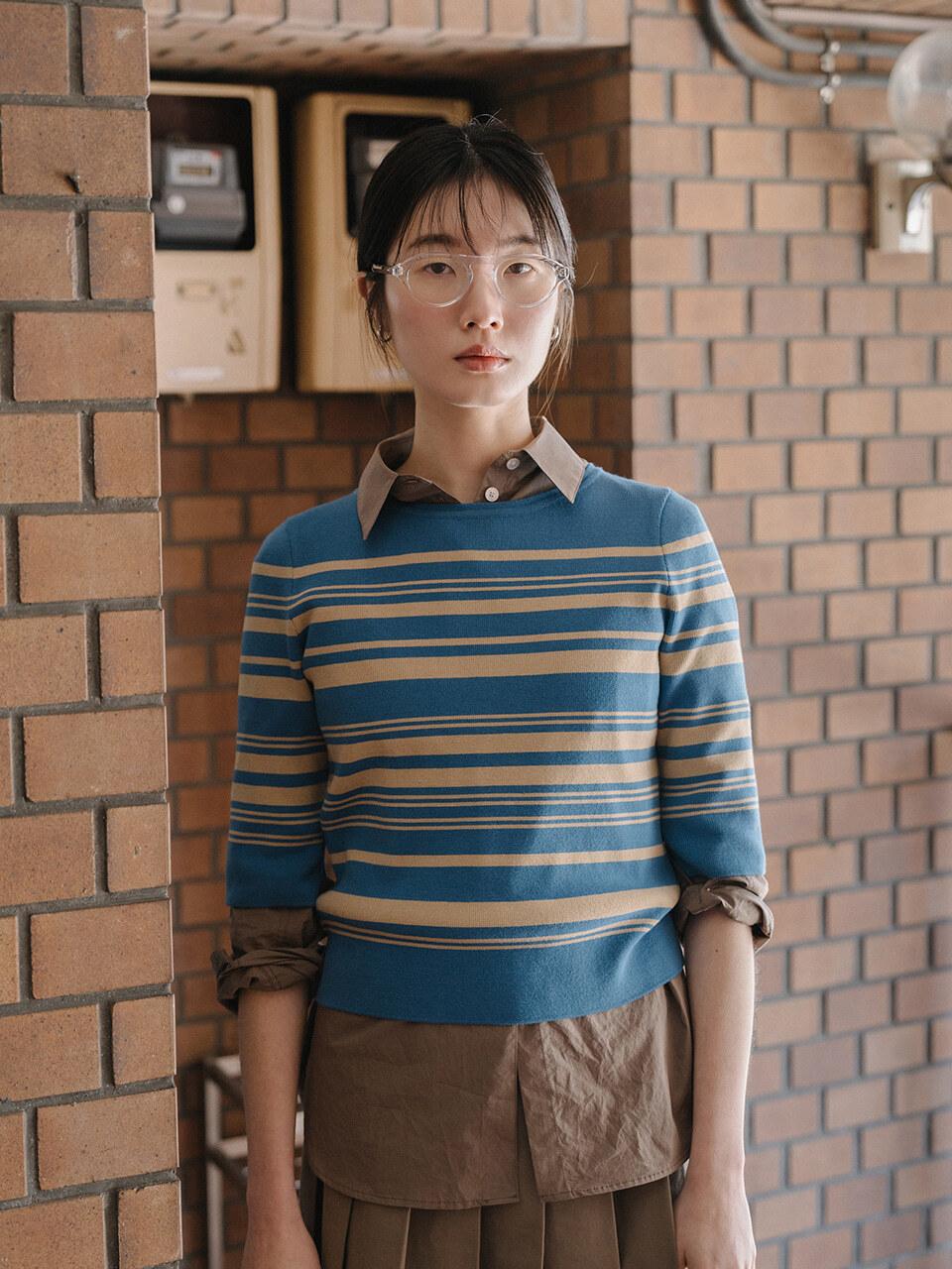 REPLAIN STRIPE HALF KNIT TOP_BLUE