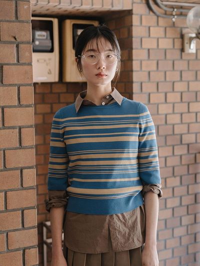 REPLAIN STRIPE HALF KNIT TOP_BLUE