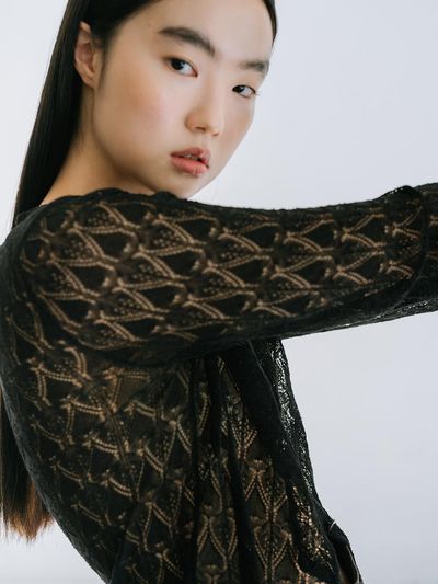 REPLAIN Viscose Blended Lace Cardigan - Black