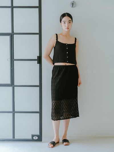 REPLAIN Viscose Blended Lace Layered Skirt - Black