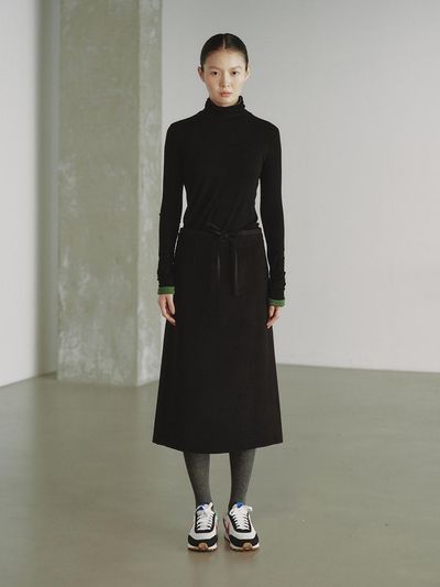 REPLAIN WOOL BLOCK PENCIL SKIRT_BLACK