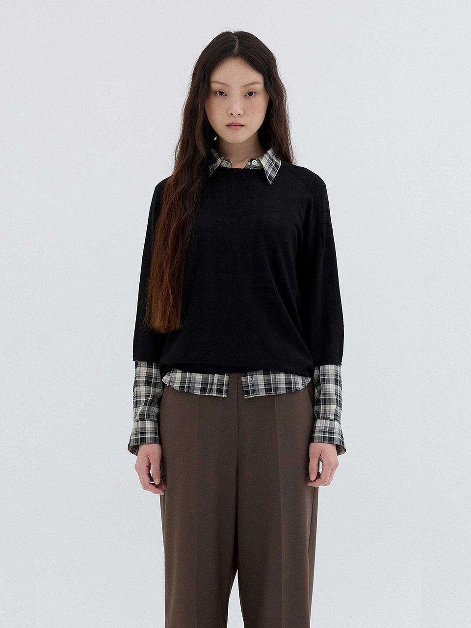 REPLAIN WOOL SILK HALF SLEEVE KNIT TOP_BLACK