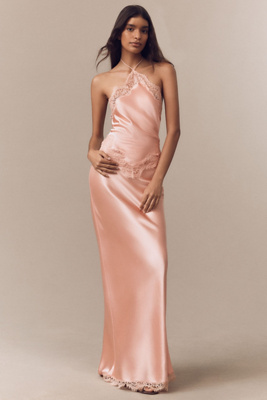 retrofete everly halter lace trim satin maxi dress Long-sleeve formal gown