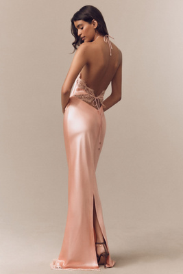 retrofete everly halter lace trim satin maxi dress Retrofete