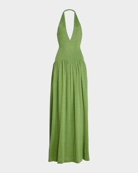 Retrofete Marcelle Metallic Knit Drop-Waist Halter Dress