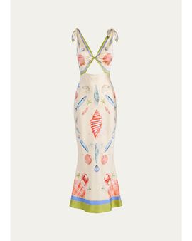 Retrofête Carlotte Seashell-Print Silk Satin Midi Dress