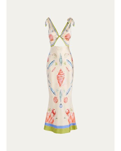 Retrofête Carlotte Seashell-Print Silk Satin Midi Dress