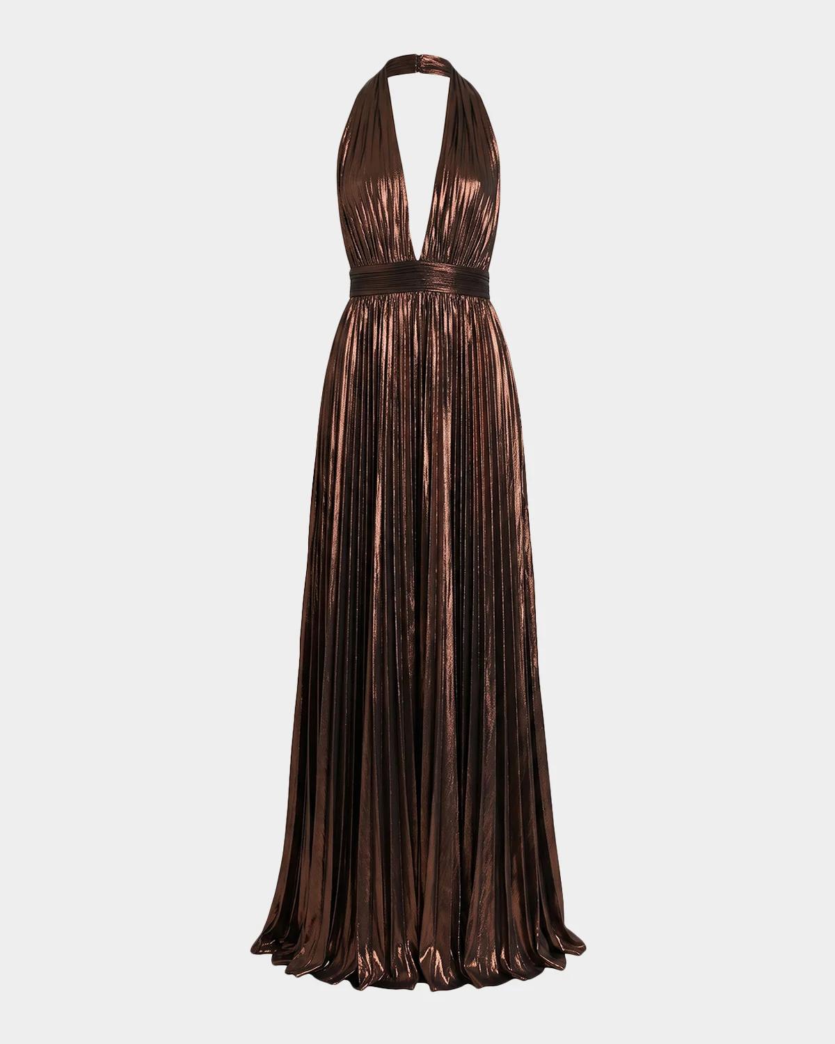 Retrofête Jadda Pleated Metallic Maxi Dress