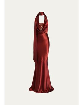 Retrofête Melly Satin Lace-Trim Scarf Gown