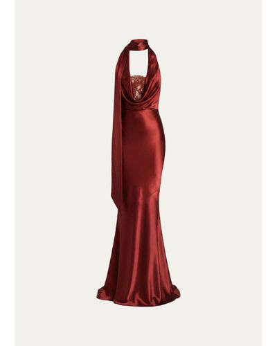 Retrofête Melly Satin Lace-Trim Scarf Gown