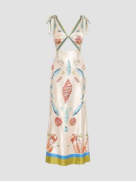 Retrofête Women's Carlotte Seashell-Print Silk Satin Midi Dress
