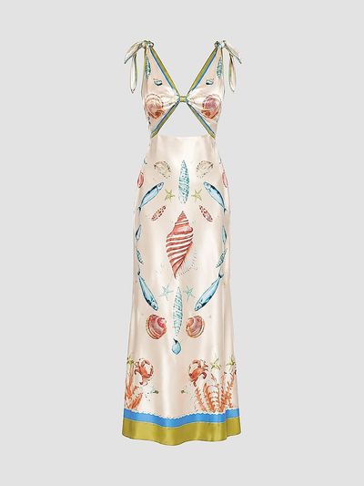 Retrofête Women's Carlotte Seashell-Print Silk Satin Midi Dress