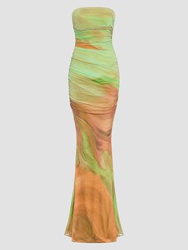 Retrofête Women's Isadore Abstract Print Mesh Trumpet Maxi Dress