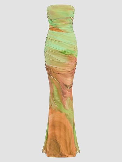 Retrofête Women's Isadore Abstract Print Mesh Trumpet Maxi Dress