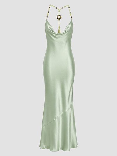 Retrofête Women's Odalis Beaded Halter Satin Maxi Dress