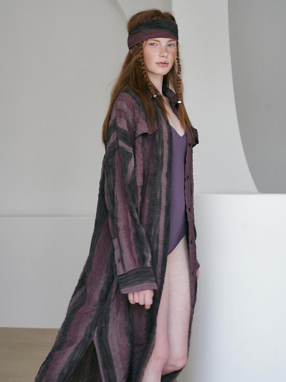 REVOIRSIS seersucker long shirt brown