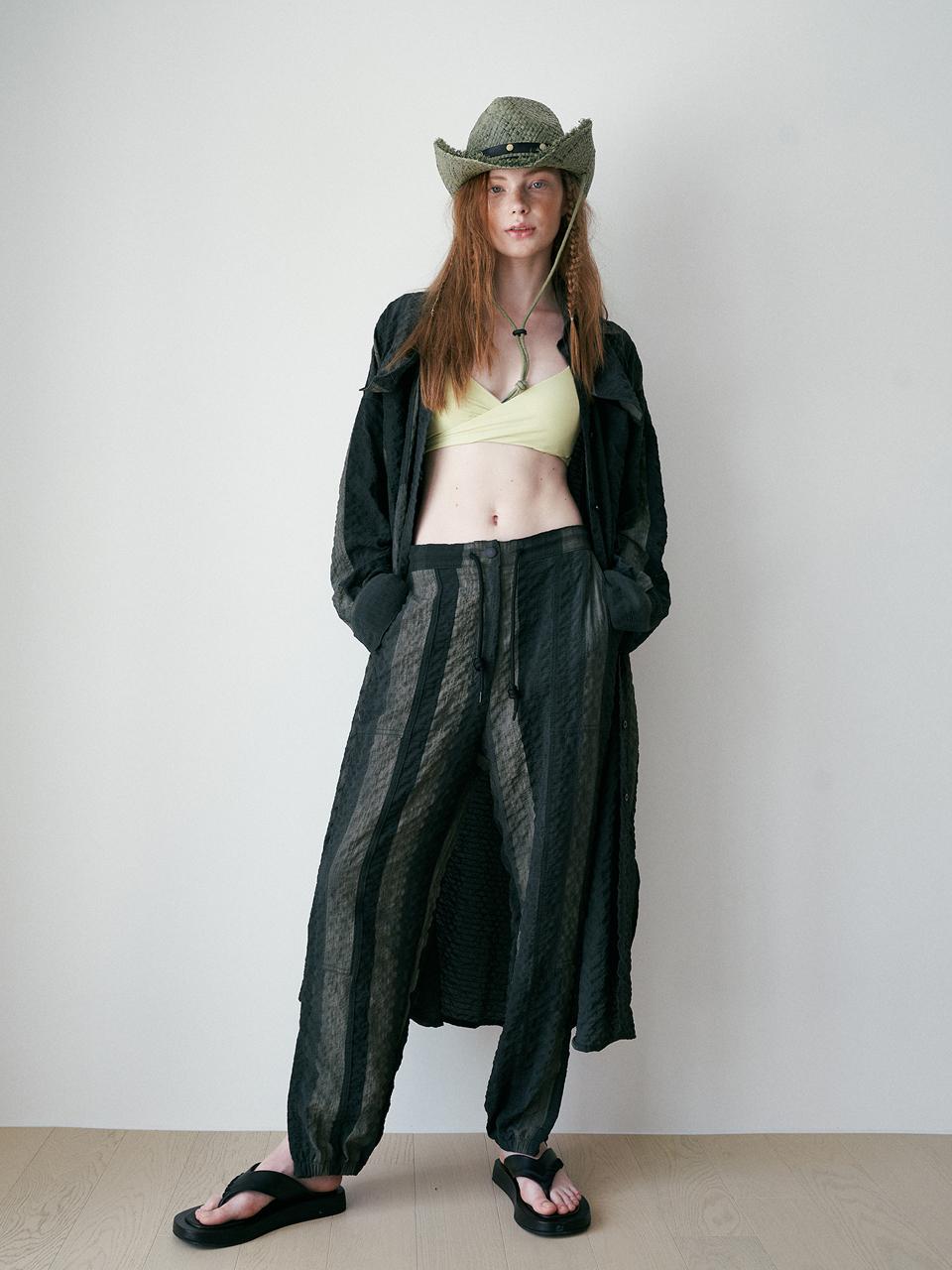 REVOIRSIS seersucker long shirt khaki