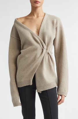 Róhe Róhe Safety Pin Off the Shoulder Wool & Cashmere Wrap Cardigan