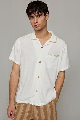 Rhythm Rhythm Linen-Blend Whip Stitch Short Sleeve Shir Top in White, Men's at Urban Outfitters