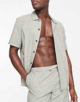 Rhythm Rhythm seersucker stripe short sleeve beach shirt in sage - part of a set-Green