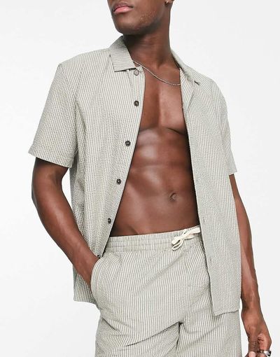 Rhythm Rhythm seersucker stripe short sleeve beach shirt in sage - part of a set-Green