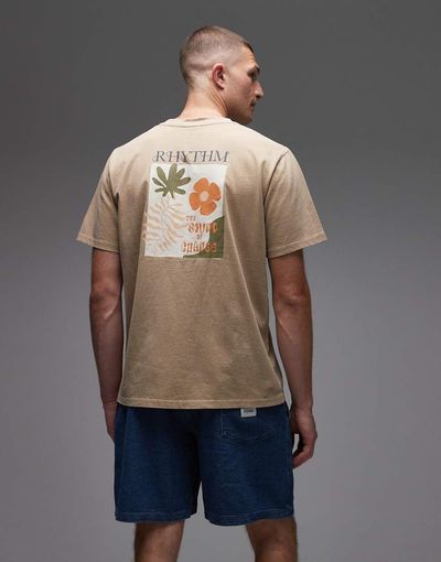 Rhythm Rhythm T-shirt in vintage wash with botanical print in beige-Neutral