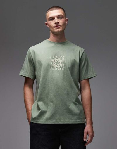 Rhythm Rhythm T-shirt in vintage wash with front print in sage-Green