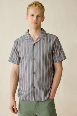 Rhythm Rhythm Vacation Stripe Short Sleeve Shirt Top in Brown Stripe, Men's at Urban Outfitters