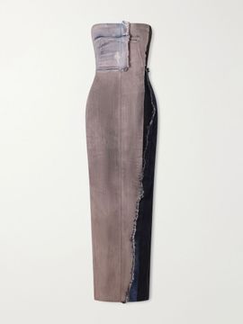 RICK OWENS Distressed paneled stretch-denim maxi dress