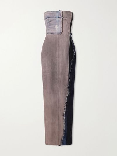 RICK OWENS Distressed paneled stretch-denim maxi dress
