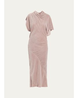 Rick Owens Seb Draped Velvet Asymmetric Short-Sleeve Midi Dress