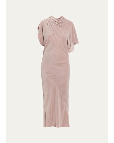 Rick Owens Seb Draped Velvet Asymmetric Short-Sleeve Midi Dress