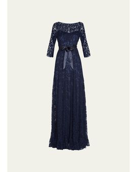 Rickie Freeman for Teri Jon 3/4-Sleeve Lace Overlay Gown