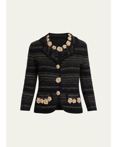 Rickie Freeman for Teri Jon Crochet Floral Applique Striped Knit Jacket