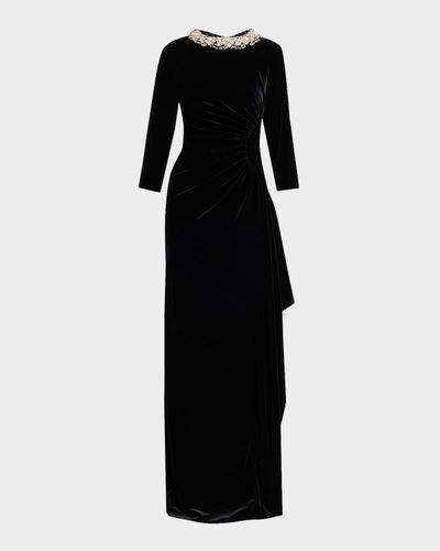 Rickie Freeman for Teri Jon Draped Rhinestone-Collar Velvet Column Gown