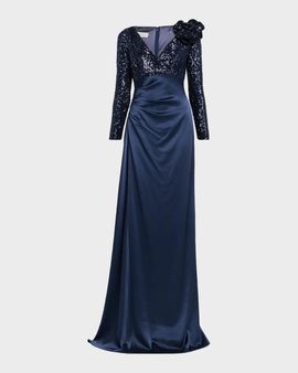 Rickie Freeman for Teri Jon Draped Sequin Satin Gown